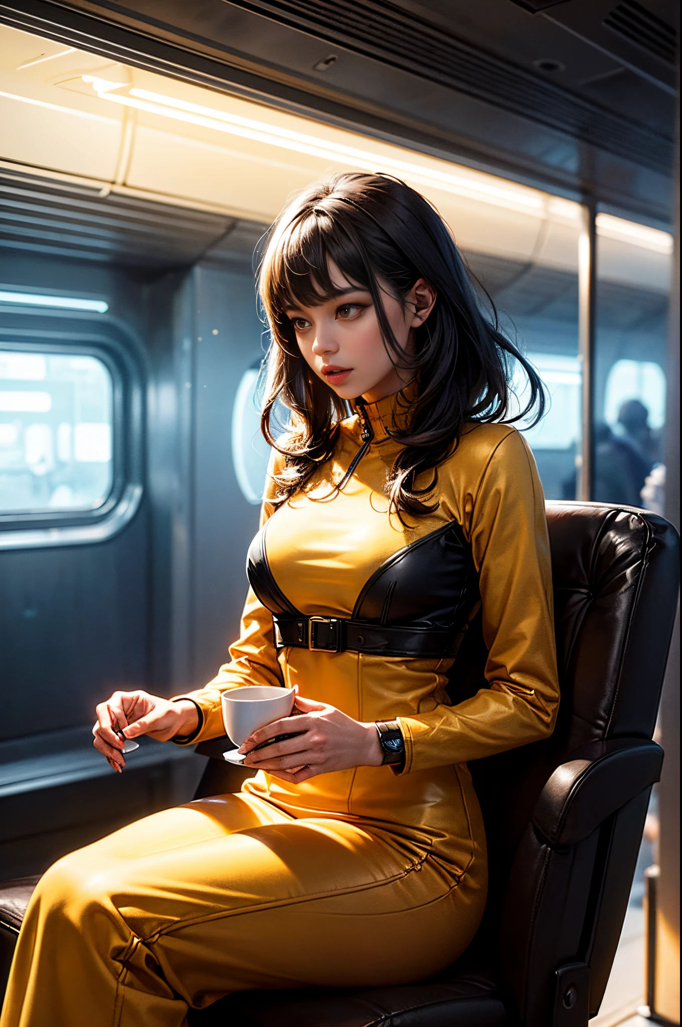 "((Futuristic)) photo composition, golden hour in a space garden, graceful ((girl)) sipping tea near a sleek train, cosmic galaxy background, rule of thirds, warm tones, ((extraterrestrial)) atmosphere, (high resolution)