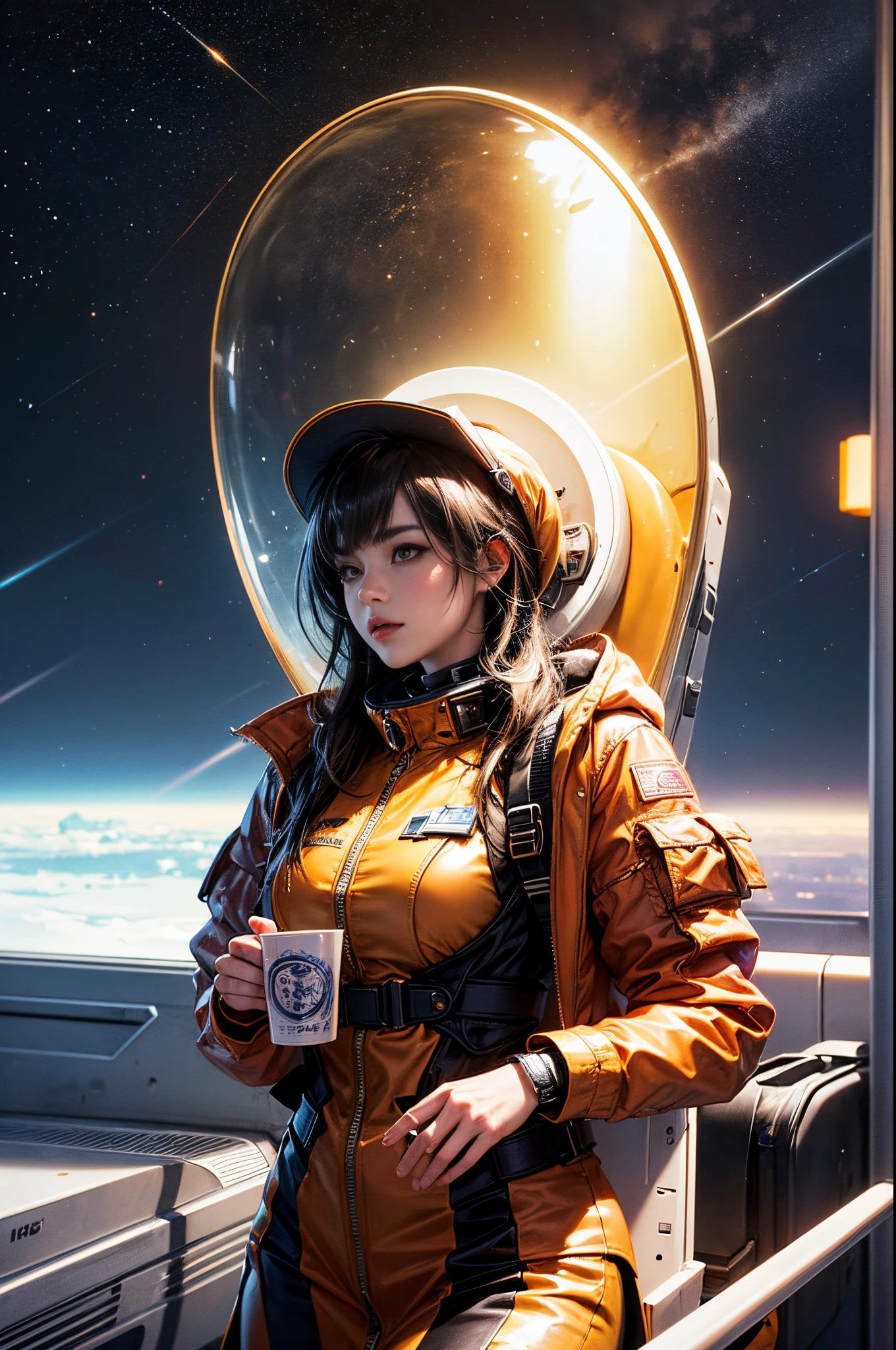 Woman in spacesuit with curly hair sitting on a space shuttle with a cup of coffee, girl in space, portrait anime space cadet girl, powerful woman sitting in space, mulher astronauta, bela arte digital, An astronaut relaxing in space, a beautiful artwork illustration, stunning digital illustration, flutuando ao lado de planetas, Anime Art Wallpaper 4K, Anime Art Wallpaper 4K