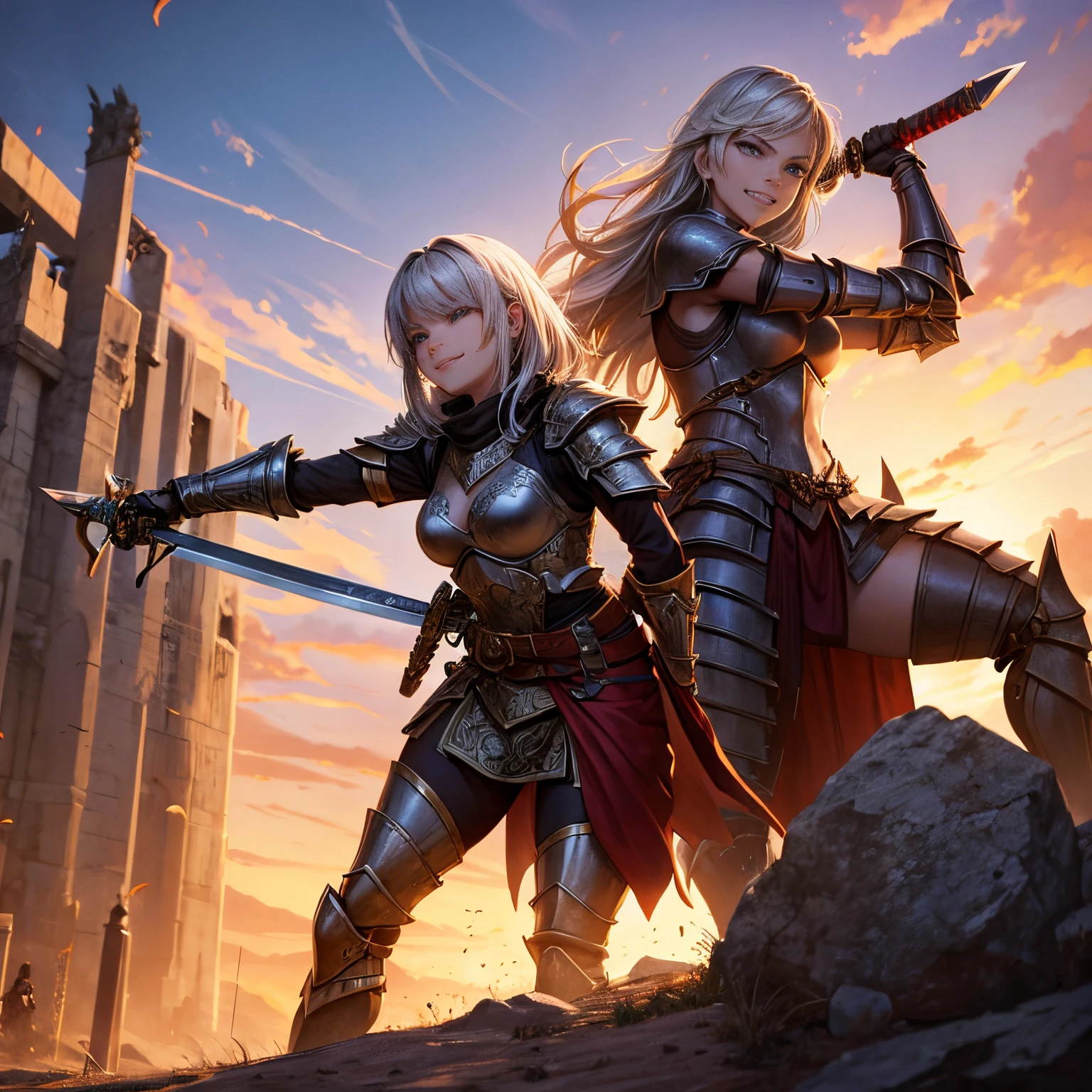 Warrior lady, standing, armored, wielding a sword in left hand, combat pose, grin, overconfident