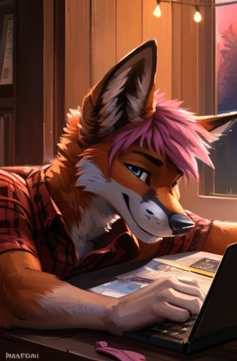 uploaded the e621, beautiful and detailed portrait of a young man (((man)) anthro fox (((man))), kenket, Ross Tran, ruan jia, uploaded to e621, zaush, foxovh, lighting zenematic, laying on their back with paws toward the viewer, the fox blushing while texting, night, string lights, mood lighting short messy hair, pink hair, the fox a male and cross dressing in feminine clothing which includes a plaid pink skirt, a white top, and tight-fitting pink panties that are barely able to contain the fox's manhood, which bulging out with the outline of the genitals clearly visible against the panties, emo, gothic, heavy eyeliner,