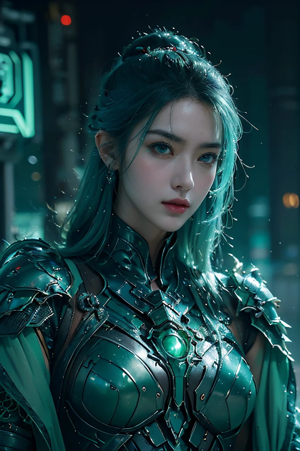 tmasterpiece,Best quality,A high resolution,8K,(Portrait photograph:1.5),(ROriginal photo),real photograph,digital photography,(Combination of cyberpunk and fantasy style),(Female soldier),20岁女孩,random hair style,blue hairs,By bangs,(Red eyeigchest, accessories,Redlip,Keep one's mouth shut,(scowling),elegant and charming,Serious and arrogant,Calm and handsome,(Cyberpunk combined with fantasy style clothing,Openwork design,joint armor,Combat uniforms,Green clothes,green),exposing your navel,Photo pose,Realisticstyle,gray world background,oc render reflection texture