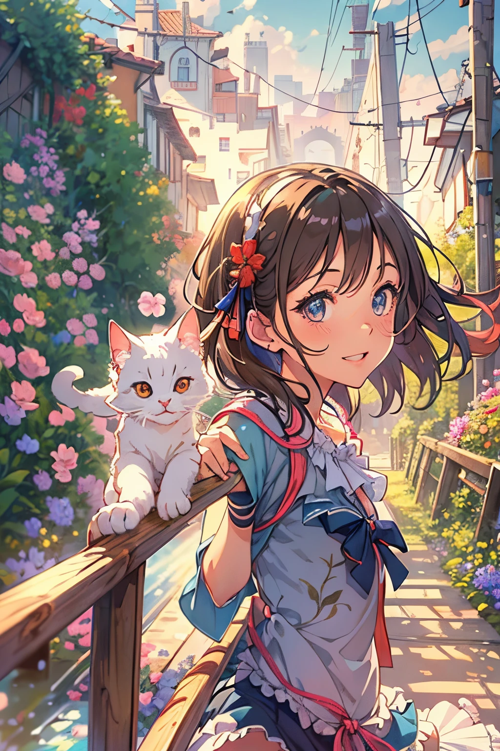 relaxing style, Warm atmoshere, masterpiece, best quality, ultra detailed beautiful face and eyes, girl with, Anime style, dynamic angle, (A girl looking at the sky), (the pleasant wind and beautiful sky), springtime, jumping, A small cat, sun, wild flowers, break, rivulets, small bridge, Relaxed smile, Townscape in the distance,
