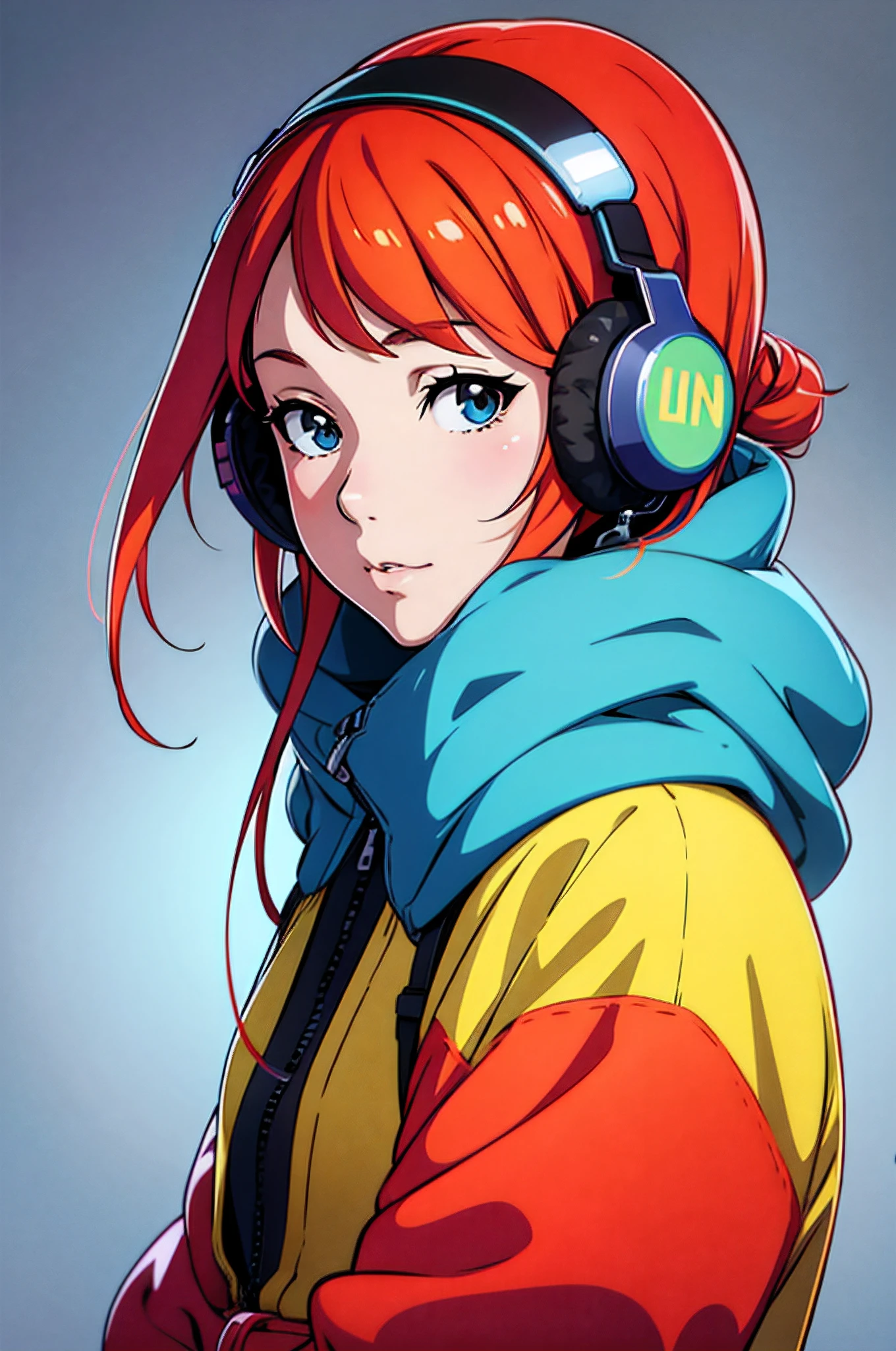 there a woman with headphones on listening to music, digital anime illustration, lofi portrait, anime style 4 k, girl wearing headphones, lofi artstyle, with headphones, anime style. 8k, wearing headphones, anime style illustration, lofi girl, listening to music, headphones, high quality portrait, realistic artstyle, girl fanart, anime style portrait, cozy room, red head