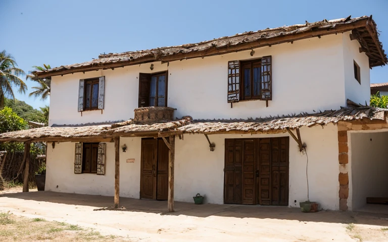 front view wattle and daub wall of brazilian house, rustic wall, bahia style, bioconstruction, earthen wall