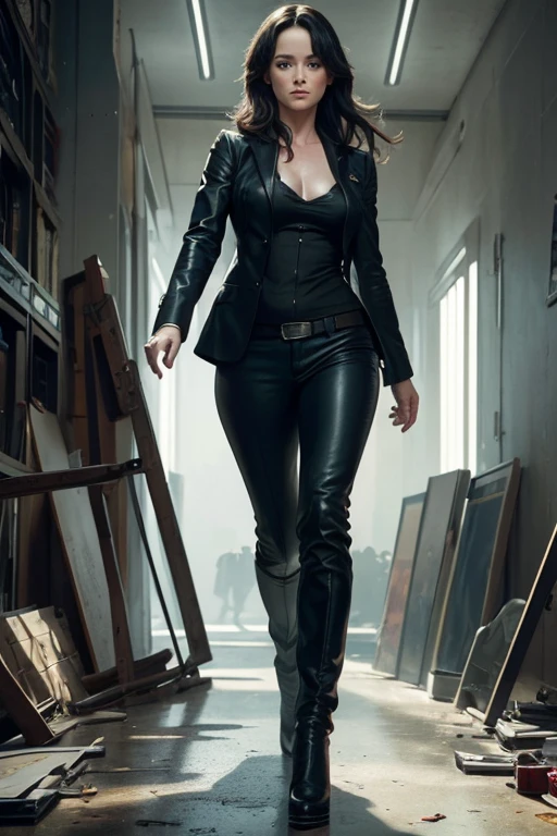 Digital art, full body, Robin Tunney as Teresa Lisbon, (from the television series The Mentalist), style of artists like Russ Mills, Sakimichan, Wlop, Loish, Artgerm, Darek Zabrocki, and Jean-Baptiste Monge, UHD, masterpiece, hyper realistic,