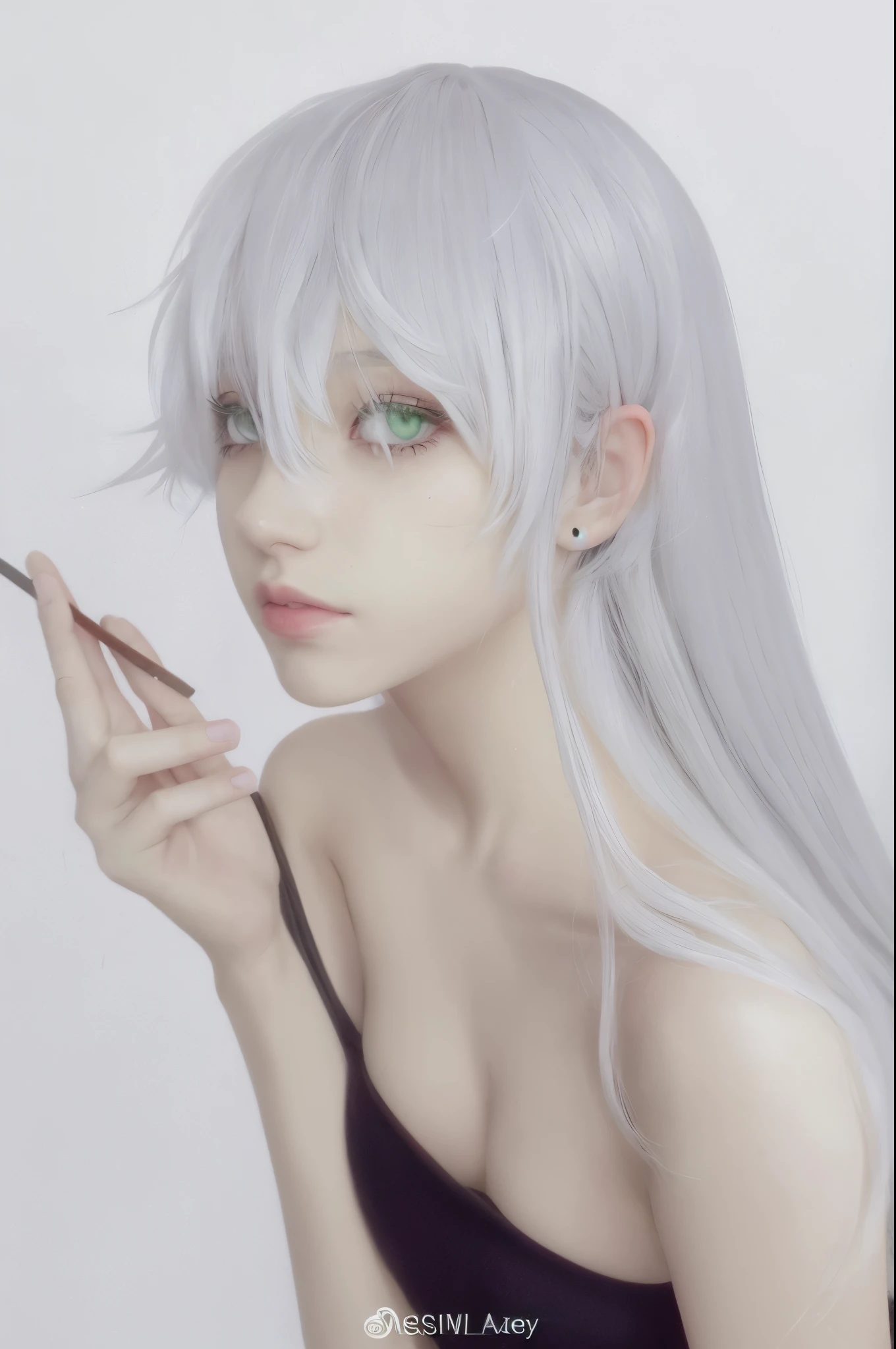 Chica anime con cabello blanco y ojos verdes sosteniendo un cepillo., Obras de arte al estilo de Guweiz, Anime semi realista, Anime hiperrealista, Estilo de realismo de anime, Estilo de arte de anime realista, Anime semi - realista, pelo blanco, Anime fotorrealista, realistic anime artstyle, cabello blanco plateado, chica de cabello plateado, cabello blanco intenso, cano