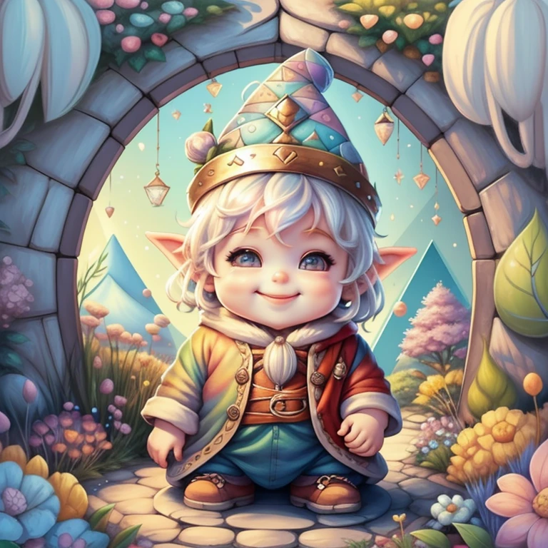 (cute gnome smiling in a beautiful garden) Munchkin ,Geometric multidimensional wall portrait, livro de arte, Tchibi,
Yang08k, Beautiful, Colouring,
Obras, of the highest quality, best quality, Arte Oficial, Beautiful and Aesthetic,