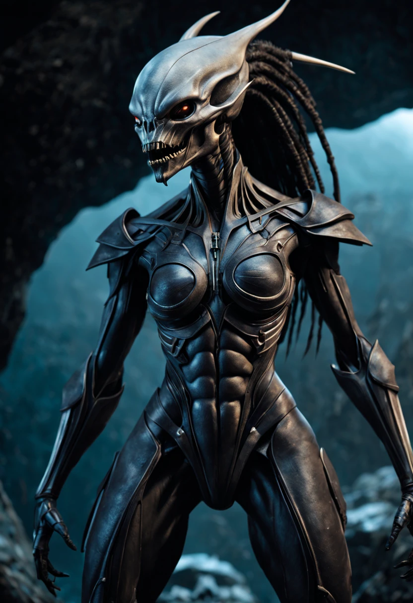 01_Black light. The epic character of alien origin. (1 creature). (Close-up). (Full growth). (The atmosphere of the movie “Alien”). Bionic forms, a creature with anthropomorphic characteristics that resembles a girl. A very beautiful creature, walking on two legs, similar to a predator (entomological characteristics of insects). A very beautiful elongated head, alien in shape, (hairstyle - thick dreadlocks, fetish in hair- teeth, shamanic amulets). Very beautiful - exotic face, slanted eyes, wide cheekbones, sensual lips, slightly open mouth, white - neat teeth, small fangs. General style – Alien woman; (film of the same name). A half-naked body with dark - black skin, a wide neckline, and small - beautiful breasts, the body is covered with an exoskeleton, scars, hard black scales, the texture of the exoskeleton with artificial material (stone plastic and bionics, ground, polished, smooth, bas-relief, bionics, cyberpunk – they decorate protective plates on a very beautiful body, shoulders, knees, arms). The anatomy of an alien creature with pronounced sexual forms, an elegant physique, small breasts in a wide neckline, a muscular system, smooth dark skin, covered with armor - an exoskeleton. The armor is decorated with scars - notches, relic bas-reliefs of alien meaning - the skulls of victims. Blacklight penetrates the forms from within. The whole picture embodies the black theme, black glow, antimatter, space - like symbol of black infinity. 02_Highest quality. Masterpiece. Cinematic image. 3D visualization. The scene was recreated using Unreal Engine. The highest quality, details, textures, materials, and clear forms (smooth bionic, synthetic material, artificial stone, plastic, metal). Black radiance from the depths of forms, an alien ship, an alien civilization, alien worlds. One creature. Frontal camera view, perspective, with watery ceilings, deep grotto, and membrane floor.