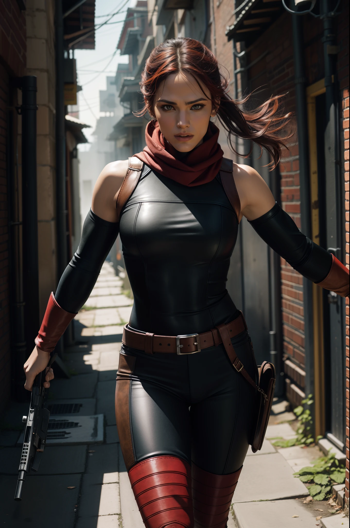 Elektra Marvel,red ninja leather uniform,super strong,muscular,photography,ultra details,HDR,UHD,8K,vivid colors,light and shadows effects,close-up shot,dynamic action poses,dramatic atmosphere,sharp focus,fierce expression,weaponry,background of a hidden alleyway,foggy ambiance, red head scarf, sai