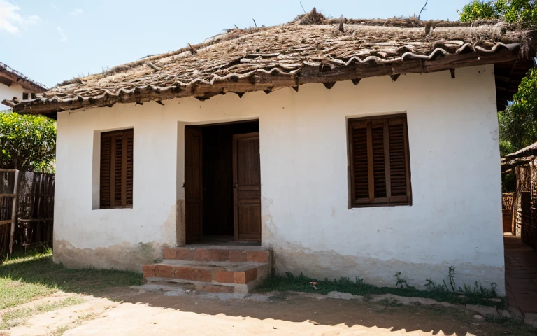 front view wattle and daub wall of brazilian house, rustic wall, earth wall cracking, bahia style, bioconstruction, earthen wall