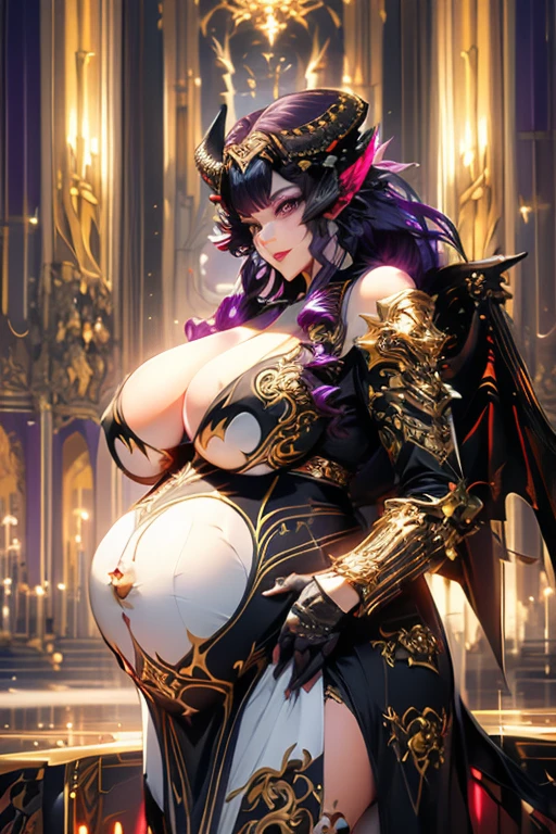 1girl, cowboy shot of a beautiful woman in the most intricate empress of darkness gown, very pale skin, evil smile, (jet-black-purple hair, long-curly hairstyle, huge draconic horns : 1.5), (2 pairs of large fallen angel wings : 1.6), ((heavy breasts, wide waist and huge buttocks, thigh gap)), looking at viewer, golden-light heavenly palace, (dim lighting), masterpiece, best quality, 8k, (pregnant :1.3)