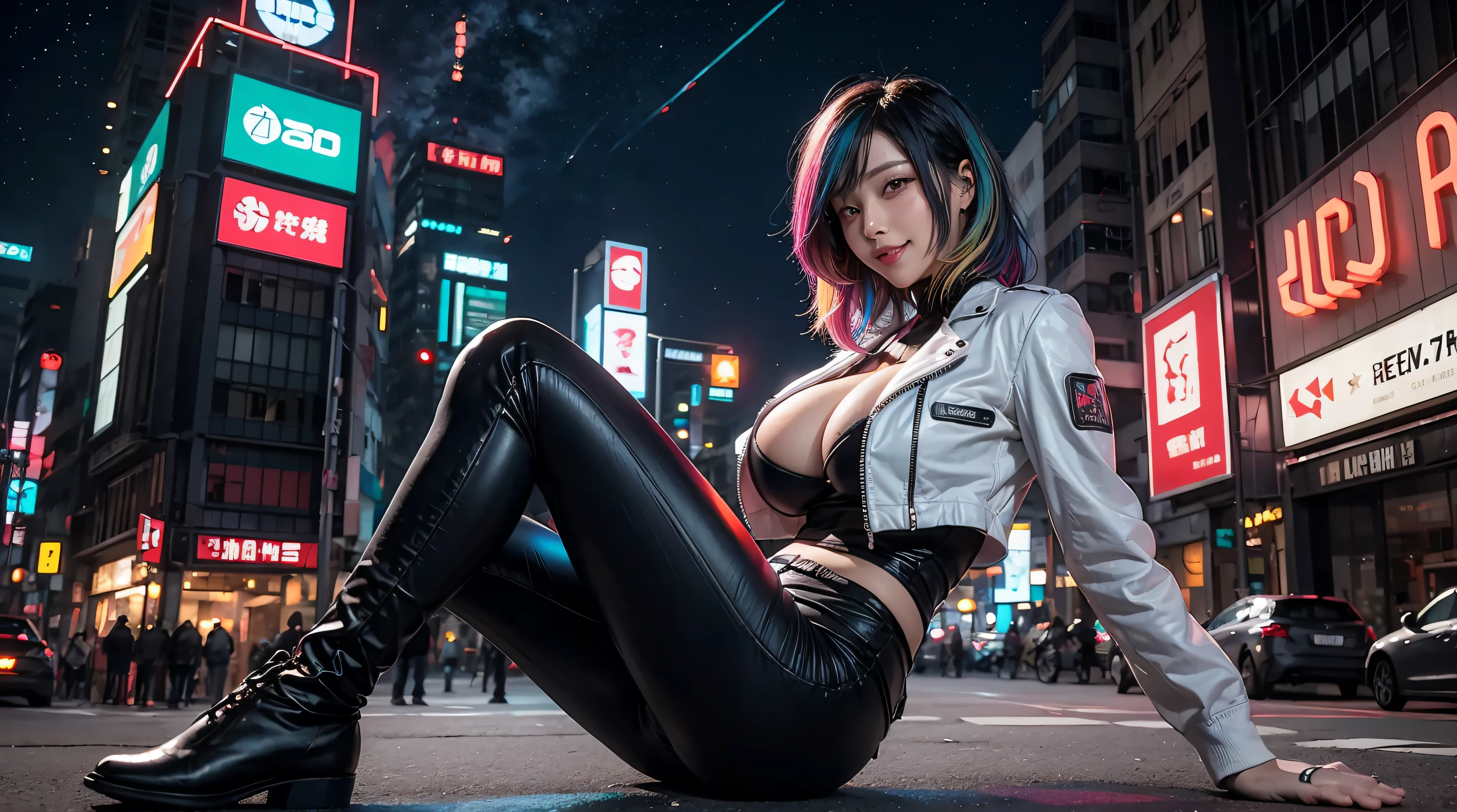 incredibly absurdres absolutely resolution, ultra detailed, official art, 8K wallpaper, masterpiece, (cyberpunk:1.2), (neon lighting;1.4), fullbody, (glowing building:1.5), starry sky,
BREAK
white leather jacket, black leather pants,
BREAK
(multicolor hair:1.4), Black hair, (enormous breasts:1.5), seductive smile, bashfully smile, mysterious aura,
