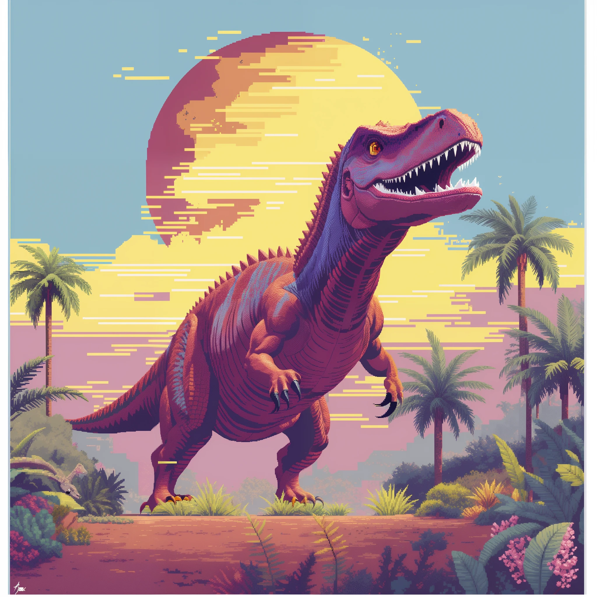 um close de um dinossauro em um campo com palmeiras, dinossauro pixel art, Dinossauro Trex, Jurassic image, arte detalhada do pixel, Jen Bartel, Tiranossauro rex, retro art, Trex, Altamente detalhado Hyper Real Retro, Dino cromado, pintura digital altamente detalhada, Epic retrowave art, estilo de arte outrun, cores altamente detalhadas, t - rex