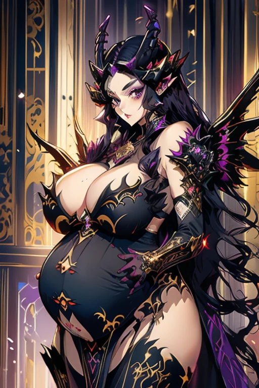 1girl, cowboy shot of a beautiful woman in the most intricate empress of darkness gown, very pale skin, evil smile, (jet-black-purple hair, long-curly hairstyle, huge draconic horns : 1.5), (2 pairs of large fallen angel wings : 1.6), ((heavy breasts, wide waist and huge buttocks, thigh gap)), looking at viewer, golden-light heavenly palace, (dim lighting), masterpiece, best quality, 8k, (pregnant :1.3)