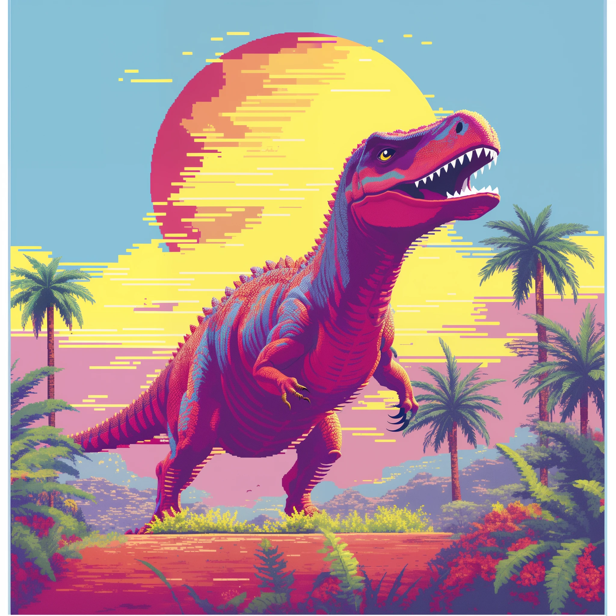 um close de um dinossauro em um campo com palmeiras, dinossauro pixel art, Dinossauro Trex, Jurassic image, arte detalhada do pixel, Jen Bartel, Tiranossauro rex, retro art, Trex, Altamente detalhado Hyper Real Retro, Dino cromado, pintura digital altamente detalhada, Epic retrowave art, estilo de arte outrun, cores altamente detalhadas, t - rex