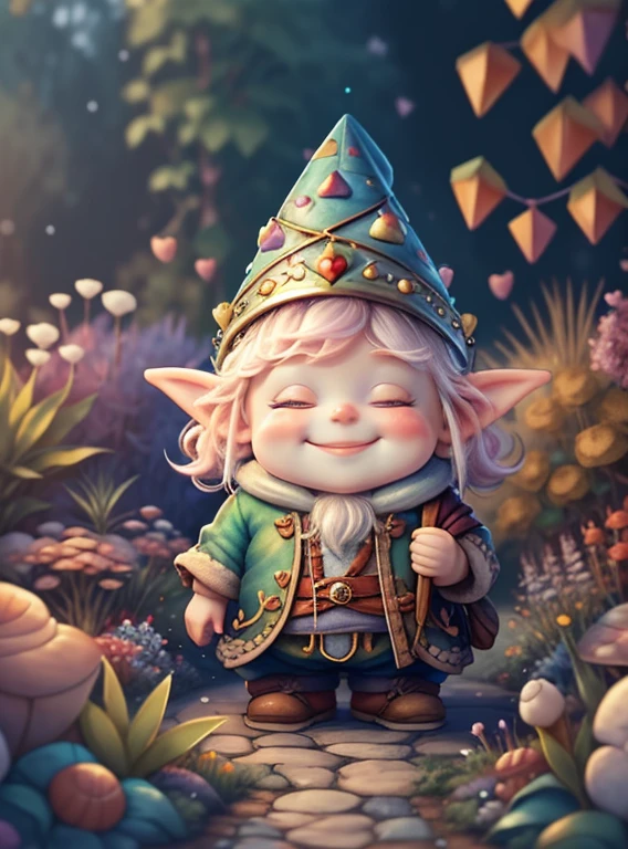 (cute baby gnome smiling holding a heart in a beautiful garden) Munchkin ,Geometric multidimensional wall portrait, livro de arte, Tchibi,
Yang08k, Beautiful, Colouring,
Obras, of the highest quality, best quality, Arte Oficial, Beautiful and Aesthetic,