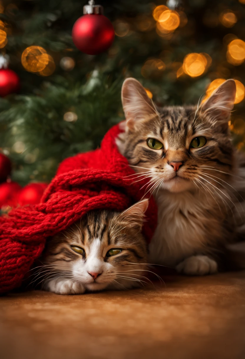 Extremely realistic photo of adorable mouse and cat sleeping recumbent close to each other wearing a woolen red scarf, under a Christmas tree , "HDRI, Rembrandt Lighting, f/8.5, 10mm Lens" Neo photographic pictorialism style.