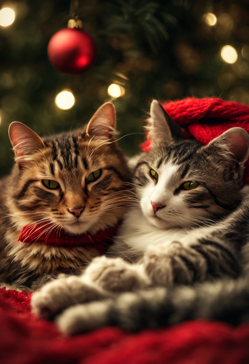 Extremely realistic photo of adorable mouse and cat sleeping recumbent close to each other wearing a woolen red scarf, under a Christmas tree , "HDRI, Rembrandt Lighting, f/8.5, 10mm Lens" Neo photographic pictorialism style.