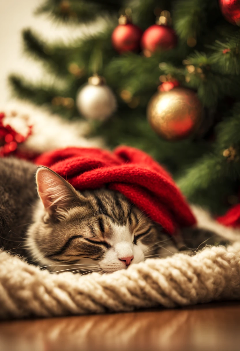 Extremely realistic photo of adorable mouse and cat sleeping recumbent close to each other wearing a woolen red scarf, under a Christmas tree , "HDRI, Rembrandt Lighting, f/8.5, 10mm Lens" Neo photographic pictorialism style.