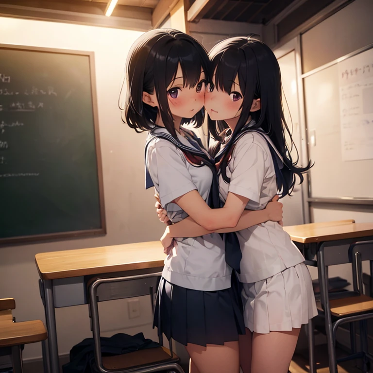 ((1man and woman,hug from behind)),(masterpiece Best Quality, absurderes, Perfect Anatomy, Unity 8k Wallpapers,best anime), Detailed beautiful face and eyes,shoot from front,cowboy shot,  BREAK -yeld beiful girl、Japanese,((Dark blue school uniform:1.3,Navy short-sleeved sailor uniform:1.3、Navy pleated mini skirt:1.3、black leather collar,white panties,camel toe)),(black hair,low twintails:1.4),red eyes、shy look、((smaller head:1.5,skinny:1.2,slender body:1.3,ideal ratio body proportions:1.4,medium breasts,sweat:1.4)),  BREAK ((18 year old man、Yuo、slim body、student、black hair,touch a woman&#39;s thigh:1.5)),sitting,simple chair、classroom、Schools in Japan、