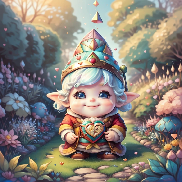 (cute  gnome smiling holding a heart in a beautiful garden) Munchkin   ,Geometric multidimensional wall portrait, livro de arte, Tchibi,
Yang08k, Beautiful, Colouring,
Obras, of the highest quality, best quality, Arte Oficial, Beautiful and Aesthetic,