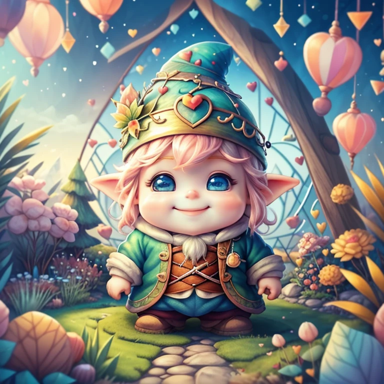 (cute baby gnome smiling holding a heart in a beautiful garden) Munchkin ,Geometric multidimensional wall portrait, livro de arte, Tchibi,
Yang08k, Beautiful, Colouring,
Obras, of the highest quality, best quality, Arte Oficial, Beautiful and Aesthetic,
