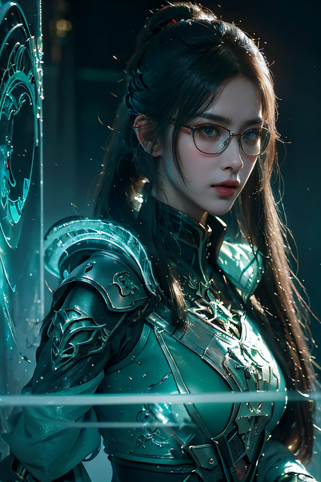 tmasterpiece,Best quality,A high resolution,8K,(Portrait photograph:1.5),(ROriginal photo),real photograph,digital photography,(Combination of cyberpunk and fantasy style),(Female soldier),20岁女孩,long ponytail hair,By bangs,black color hair,(Red eyeigchest, accessories,Redlip,(He frowned,Sneer),(Cyberpunk combined with fantasy style clothing,Openwork design,joint armor,Hologram glasses,Combat uniforms,White clothes,green color),exposing your navel,Photo pose,Realisticstyle,white backgrounid,oc render reflection texture