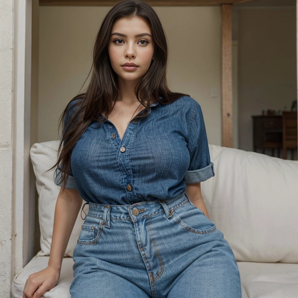 (30yo, Danish pretty woman:1.2) (bold make-up) (sexy body), big boobs, sexy body, deep (High quality) HD, boobs, gigantic boobs, round boobs, deep cleavage, open cleavage, hanging boobs, (cute smile) a pair of well-fitted denim overalls paired with a checkered flannel shirt. Add a wide-brimmed hat for a touch of rustic charm