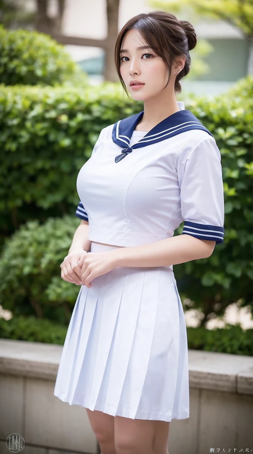 (Masterpiece,High Quality:1.3),(depth of field:1.3) ,((front body:1.35)), Japanese ,woman,chignon,sailor long skirt uniform,huge breasts,voluptuous,(looking at viewer:1.3), (full body shot:1.2),
