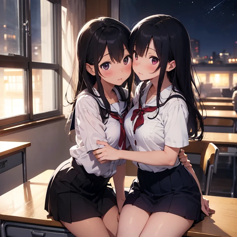 female, kissing girls, yuri, school girl, uniform, cosplay, open blouse, short skirt, , young, at night , hugging, rubbing breasts, pinned to desk, class room, , small breasts, thin body, legs spread, blushing face, masterpiece, high quality,