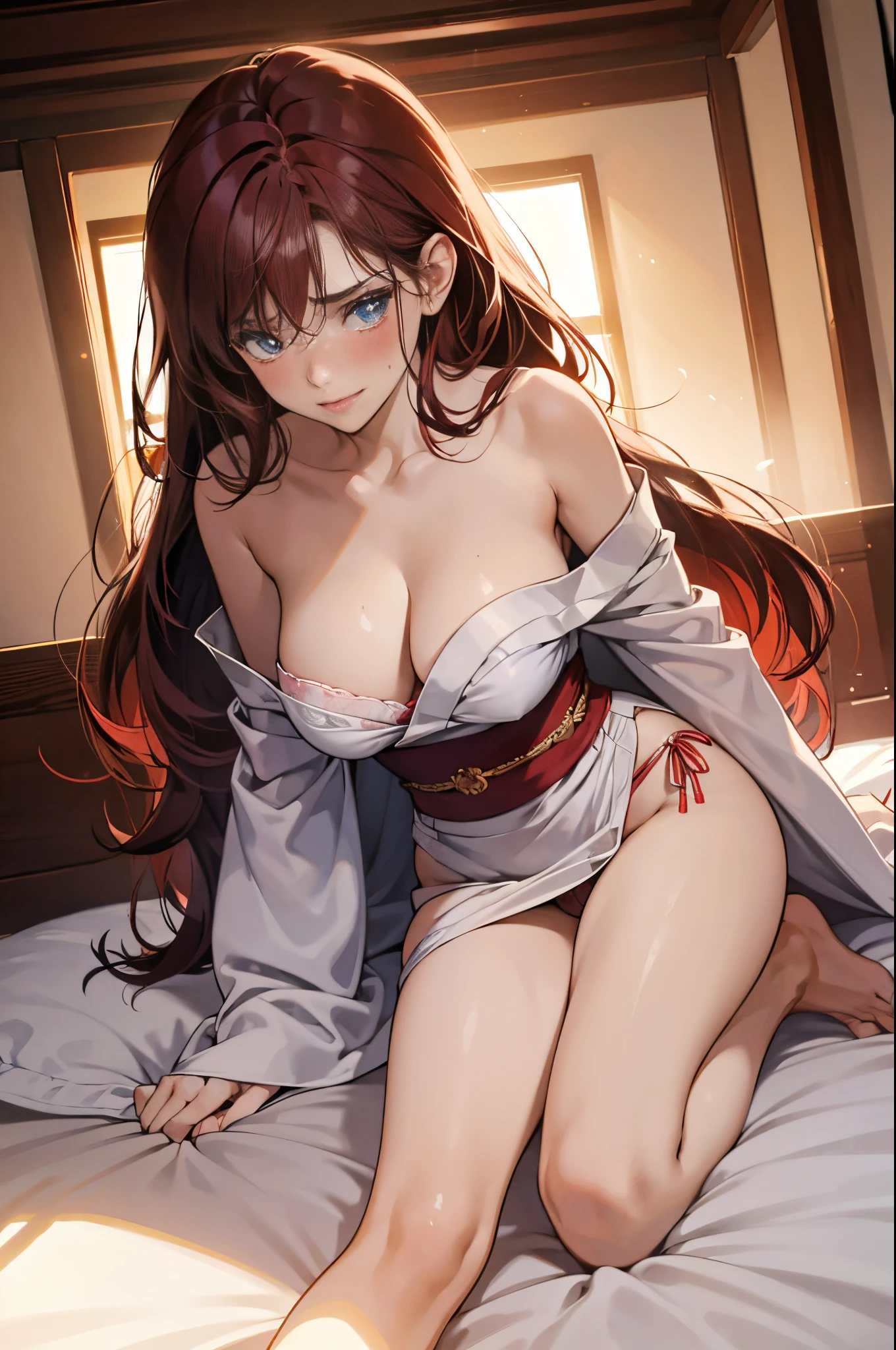 20 year old girl, very short black and red hair, embarrassed look, red cheeks, glowing blue eyes, large breasts, white silk robe, areola, panties, warm lighting, blushed cheeks, embarrassing expression, cleavage, long legs, warm light, on bed, Japanese bedroom, warm yellow lighting, sunset, nsfw