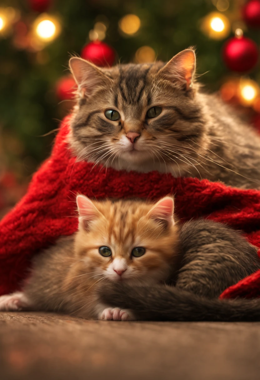 Extremely realistic photo of adorable mouse, mouse, mouse, and cat sleeping recumbent close to each other wearing a woolen red scarf, under a Christmas tree , "HDRI, Rembrandt Lighting, f/8.5, 10mm Lens" Neo photographic pictorialism style.