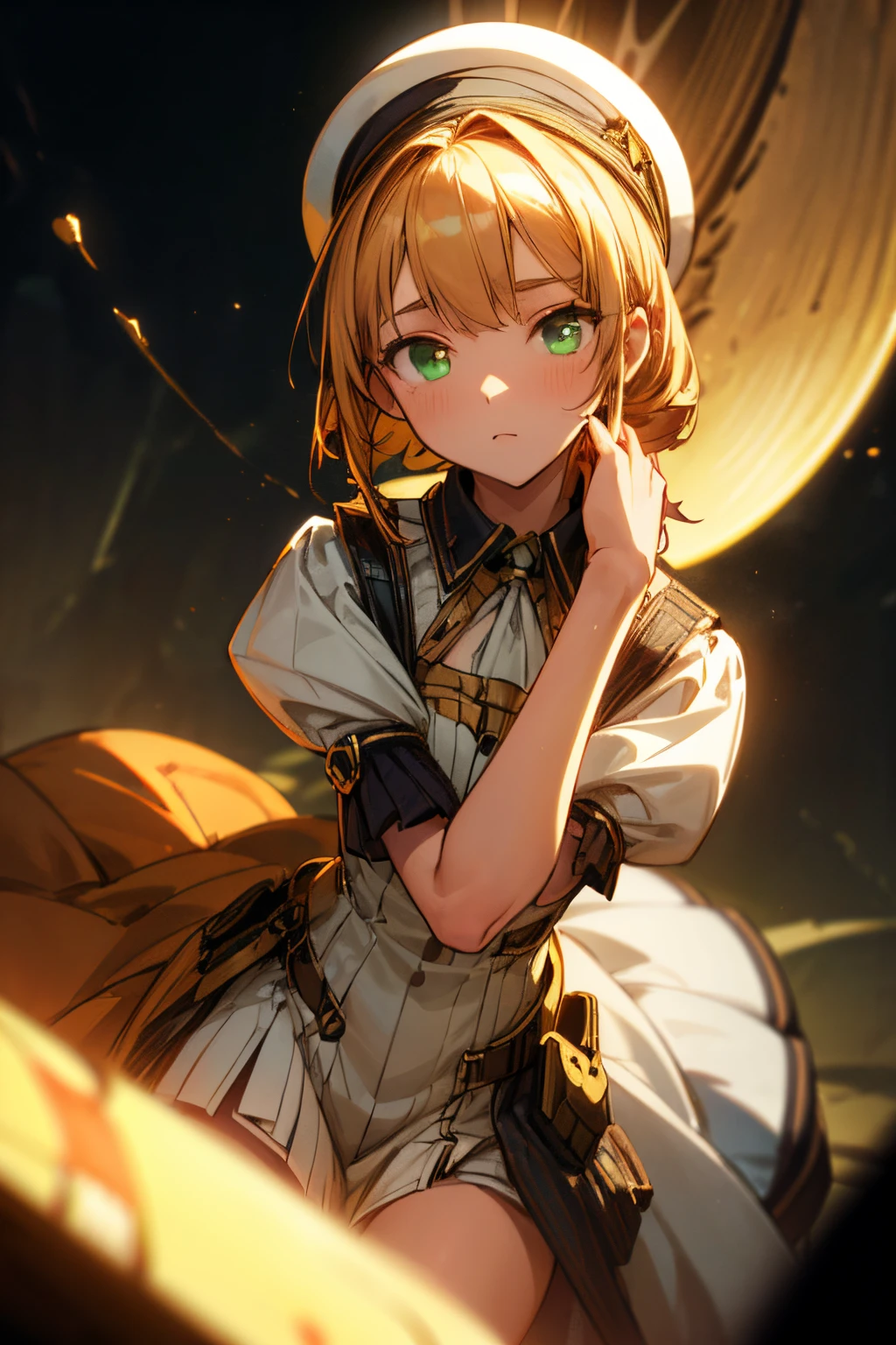 (One girl、Dressed in a dress and hat, girls' frontline, Midsummer themed costumes, multilayered outfit,Dressed, Mid summer、Soio、Top image quality, Transverse conveying，Half-length picture，largeeyes，eye closeup，（with short golden hair），（Green eyes），hair scrunchie，small thighest qualtiy， （stocklings，Elaborate Eyes, head looking up，Reasonable body structure，Young，Extremely detailed face, Perfect lighting, Extremely detailed CG, (Perfect hands, Perfect anatomy)