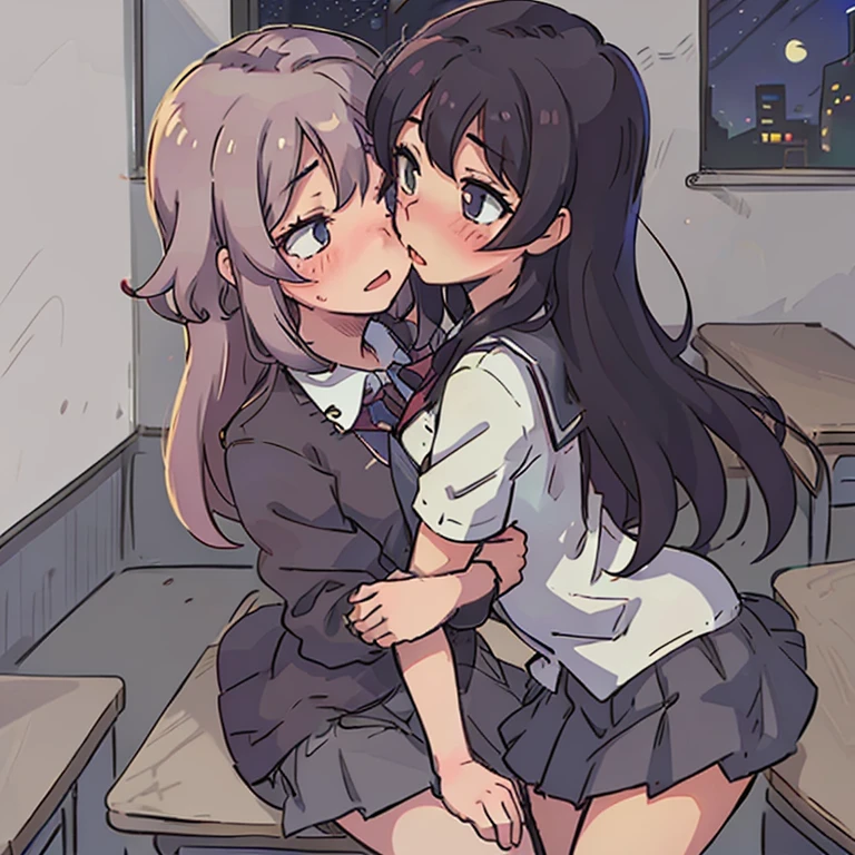 female, kissing girls, yuri, school girl, uniform, cosplay, open blouse, short skirt, , young, at night , hugging, rubbing breasts, pinned to desk, class room, loli, small breasts, thin body, legs spread, blushing face, masterpiece, high quality,