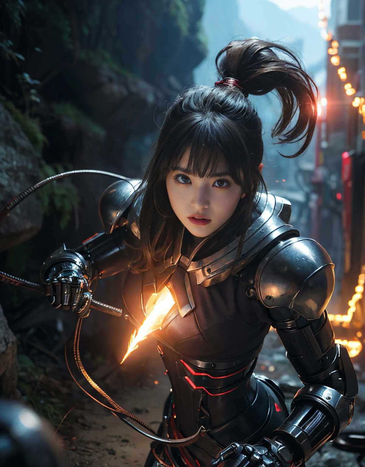 (1 Mechanical Girl)、(Mystical expression)、top-quality、masterpiece、超A high resolution、(Photorealsitic:1.4)、Raw photo、1人、Fight mutants、glowy skin、(((1 Mechanical Girl)))、(Red Metal Bodysuit)、(Fight goblings、ogre、Fierce battle with Osite、Fierce battle with alien night monster cliff background)、(Small LED)、((super realistic details))、vertical giant monster background),globalillumination、Shadow、octan render、8K、ultrasharp、Colossal tits、Raw skin exposed in the cleavage、red metal、Details of complex ornaments、Japan details、highly intricate detail、Realistic light、(Mystical expression),CG Society Trenlow Eyes、Eyes shining towards the camera、Mechanical marginal blood vessels connected to neon detail tubes)、(Wires and cables connecting to the head)、Small LED、,Mechanical thighs、Toostock、(Hands are also made of machines.traces on the cliff)、机器人、