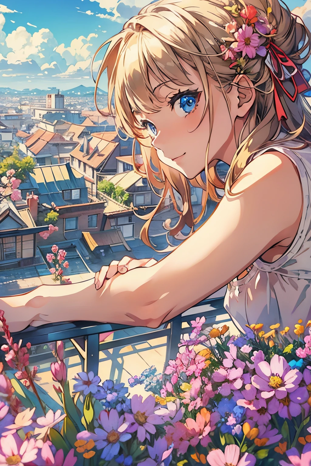 relaxing style, Warm atmoshere, masterpiece, best quality, ultra detailed beautiful face and eyes, girl with, Anime style, dynamic angle, (A girl looking at the sky), (the pleasant wind and beautiful sky), springtime, runing, sun, wild flowers, Relaxed smile, Townscape in the distance,