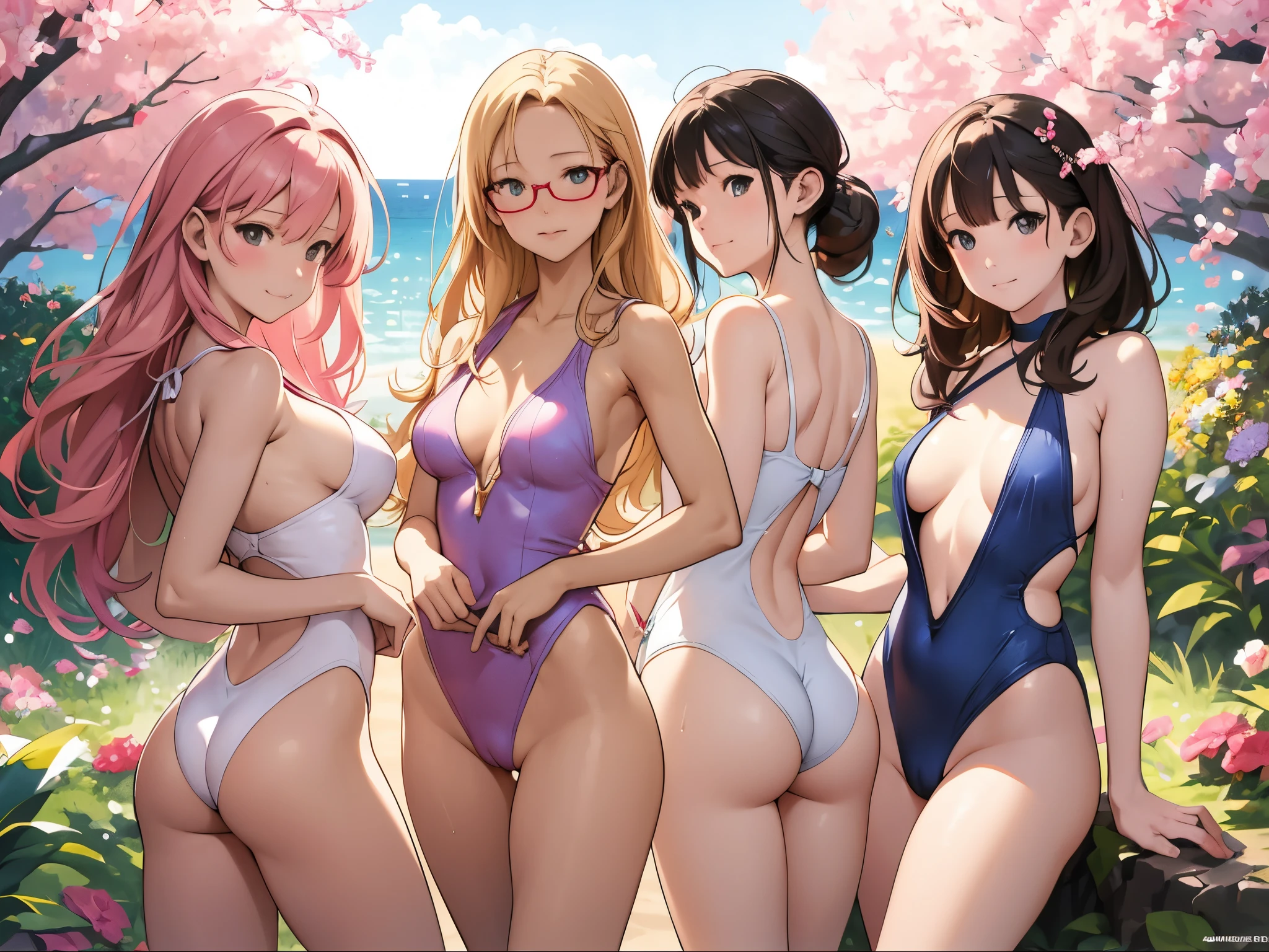 anime girls in swimsuits posing for a picture in a garden,  wearing a swimsuit, anime girls, extremely detailed artgerm, range murata and artgerm, at the beach, style artgerm, artgerm. anime illustration, artwork in the style of guweiz, in the beach, ecchi anime style, swimsuit