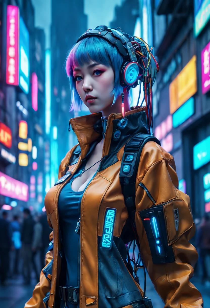 ((extremely delicate and beautiful cybernetic girl)), ((mechanical limb, mechanical vertebrae)), ((mechanical cervical attaching to neck)), (wires and cables attaching to neck:1.2), ((mass of wires and cables on head)), ((wearing colorful Harajuku tech jacket with logos)), (character focuacing camera pose)), ((cowboy shot)), (masterpiece), (((best quality))), ((ultra-detailed)), (highly detailed photorealistic CG illustration), cinematic lighting, science fiction, extremely detailed,colorful,highest detail, (((cyberpunk city background, (Blade Runner), Harajuku district)))