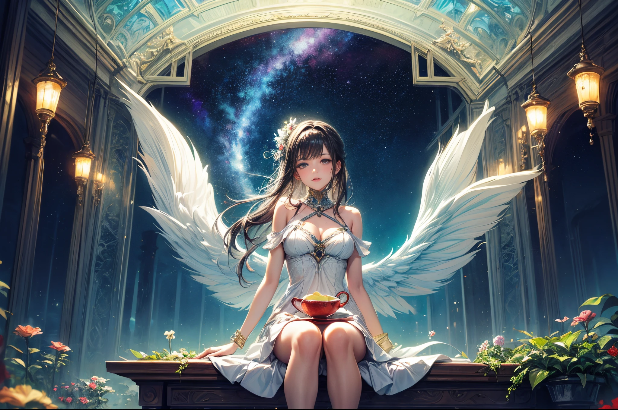 "((Surreal)) painting of a serene ((girl)) enjoying tea in a whimsical space garden, vibrant galaxy backdrop, intricate train winding through the celestial flora, dreamy atmosphere, ethereal colors, ((fantasy)) scene