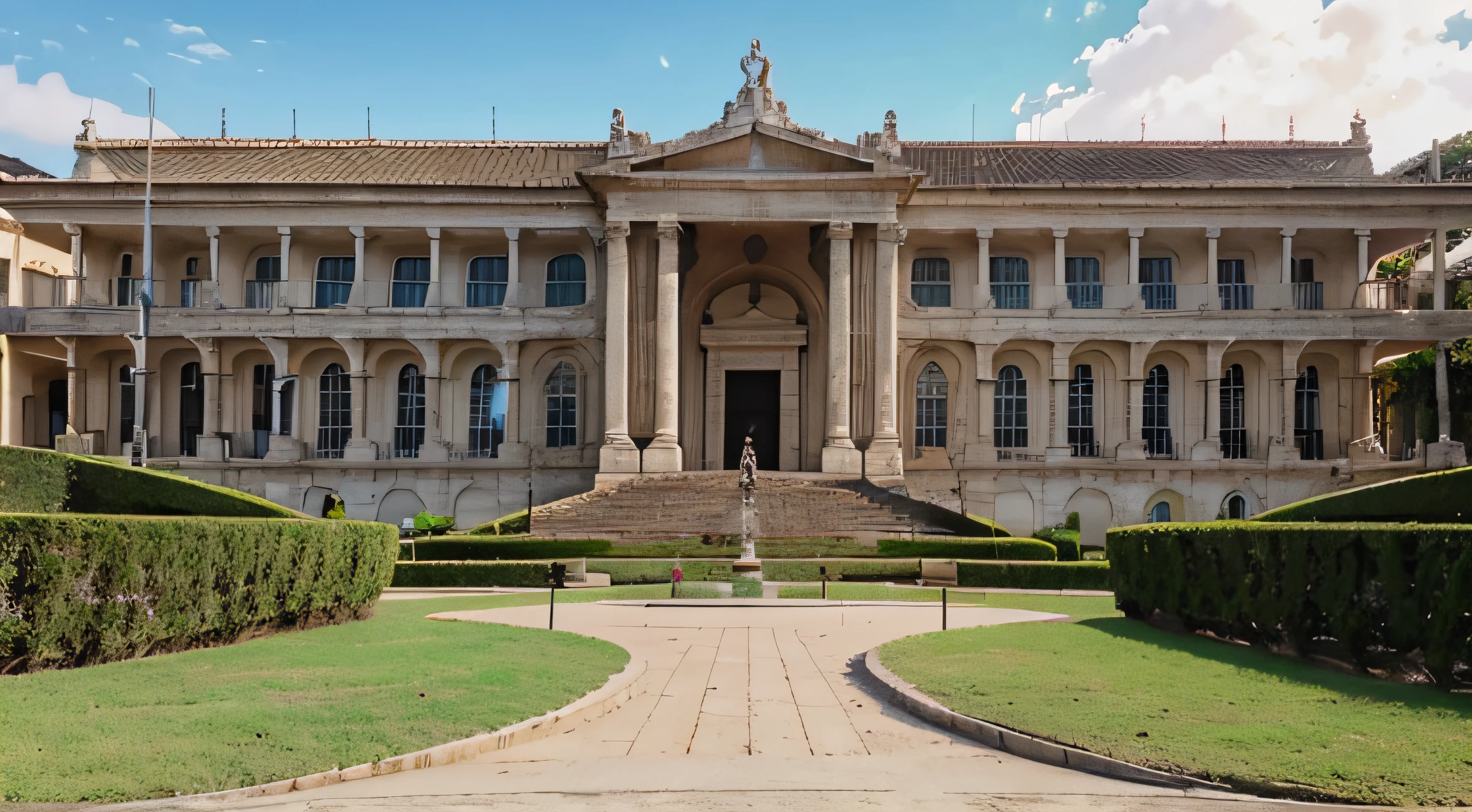 vista por fora da frente de um museu de estrutura classica com jardim e uma fonte com estatua do cupido gospindo agua