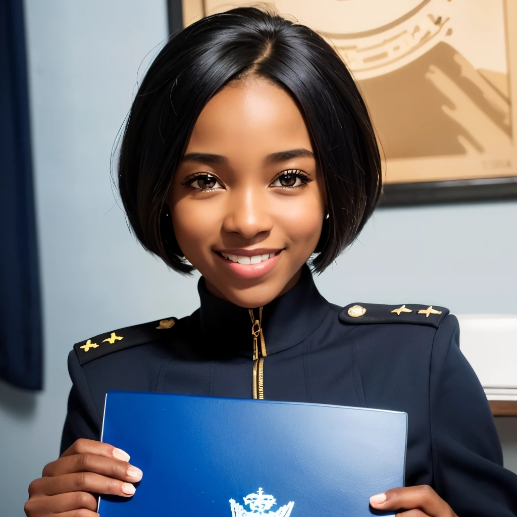 one black teenage cute girl in blue top military uniform, holding a passport  (masterpiece, best quality:1.2), ultra high res, (photorealistic:1.4), detailed skin, cinematic lighting, friendly, intelligent, conversation engaging, happy, kind, energetic, cheerful, creative, with sparkling eyes and a contagious smile