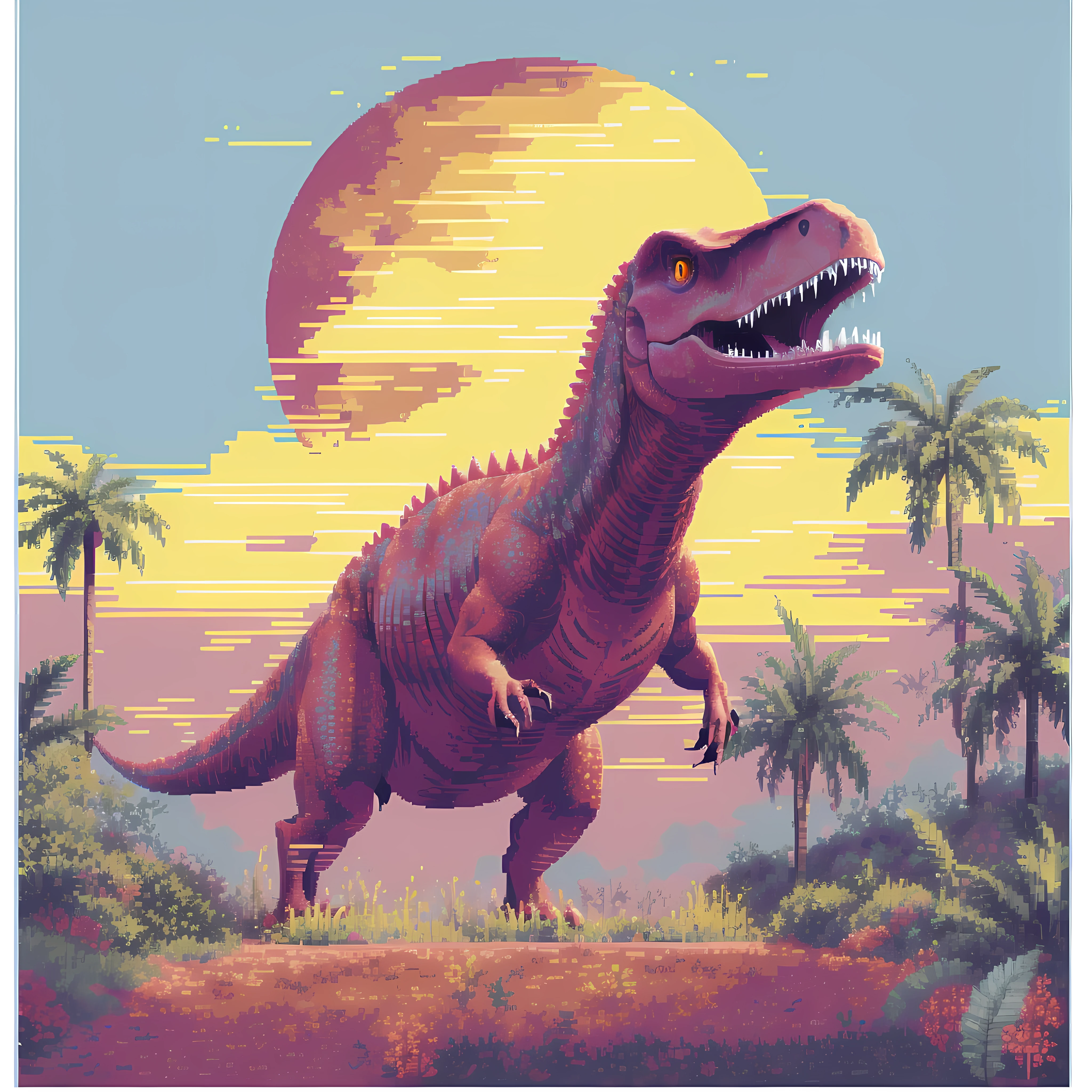 um close de um dinossauro em um campo com palmeiras, dinossauro pixel art, Dinossauro Trex, Jurassic image, arte detalhada do pixel, Jen Bartel, Tiranossauro rex, retro art, Trex, Altamente detalhado Hyper Real Retro, Dino cromado, pintura digital altamente detalhada, Epic retrowave art, estilo de arte outrun, cores altamente detalhadas, t - rex