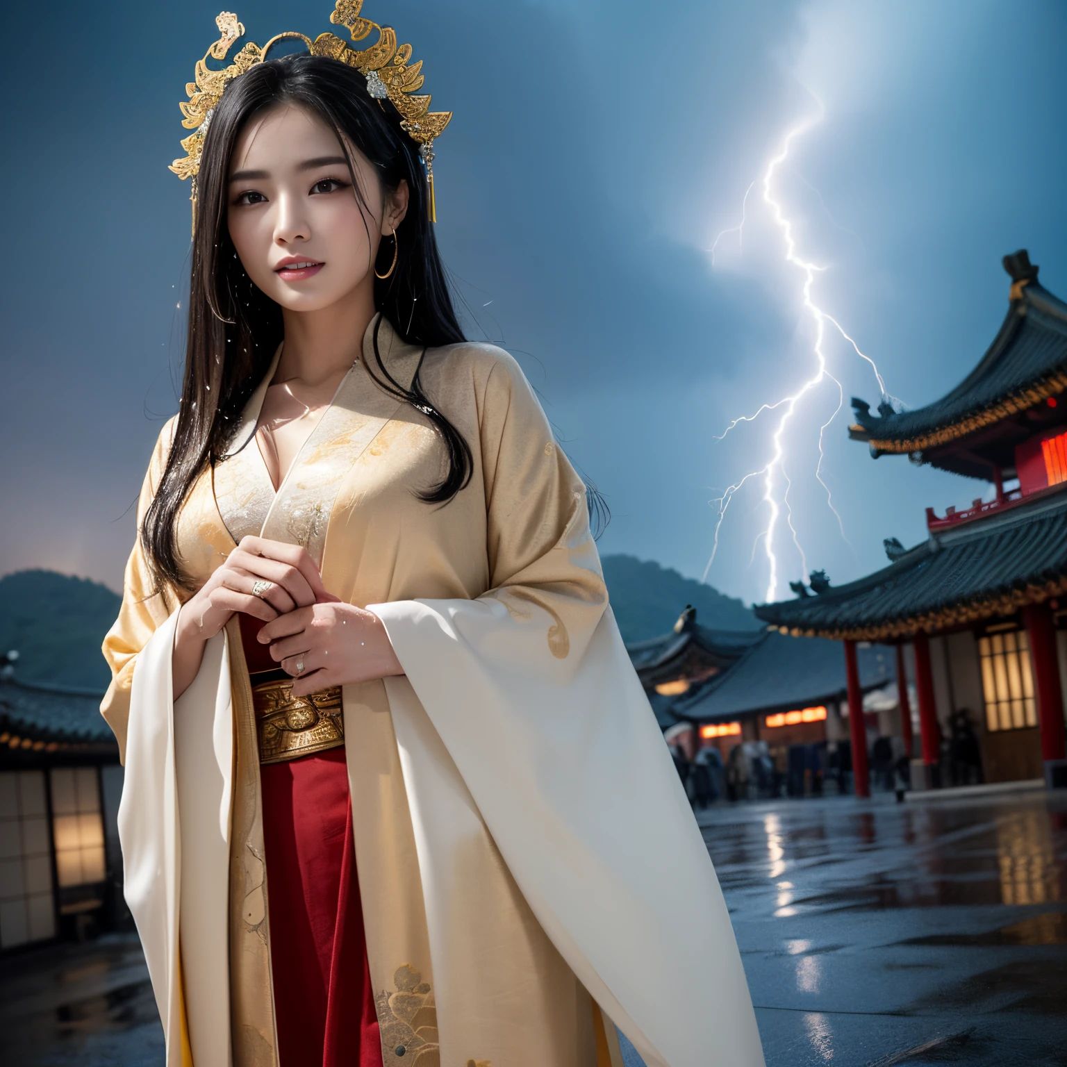 ((masutepiece、top-quality、Top image quality、in 8K、Award-Winning Works))、1 Chinese prostitute goddess、(The most gorgeous and extravagant Chinese goddess giant furisode:1.5)、(The background is the most luxurious and luxurious Chinese garrison:1.5)、(The most gorgeous and luxurious furisode of the prostitute goddess:1.3)、(The most extravagant and extravagant Chinese goddess long-sleeved kimono:1.1)、Upper body photo、accurate anatomy、(Look at me and smile:1.1)、(the most intricate and luxurious decoration:1.2)、(Large amount of jewelry decoration:1.1)、(One giant lightning bolt in the sky:1.3)、(Intense real rain:1.3)、(The whole body is soaking wet:1.3)、Drenched hair、wet and disheveled hair、Perfect texture down to the details of the wet furisode、Perfectly expresses the texture of soaked hair