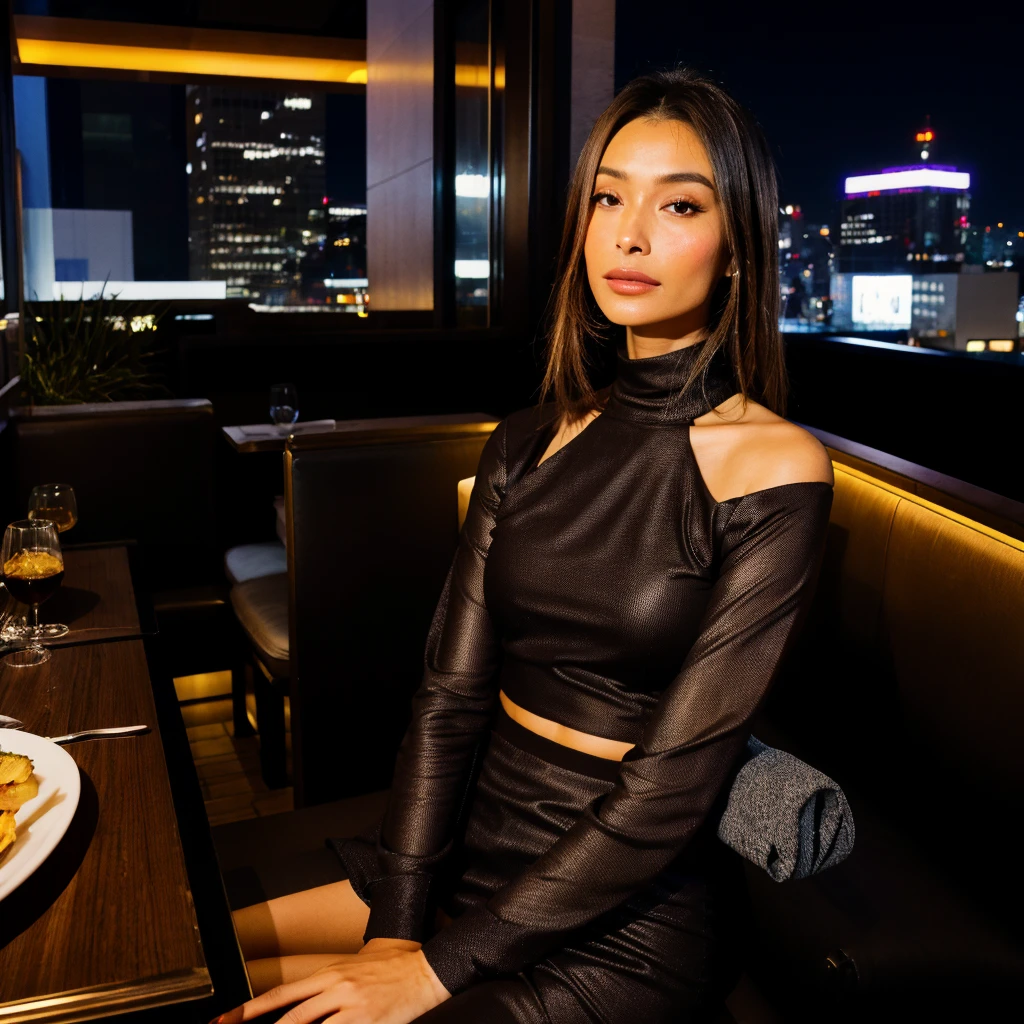 Realistic brown, assis, dans un restaurant, vue sur Tokyo, de nuit, en terrasse, avec une robe, turtleneck, toute seule, entrain de manger, montre au poignet, bijoux