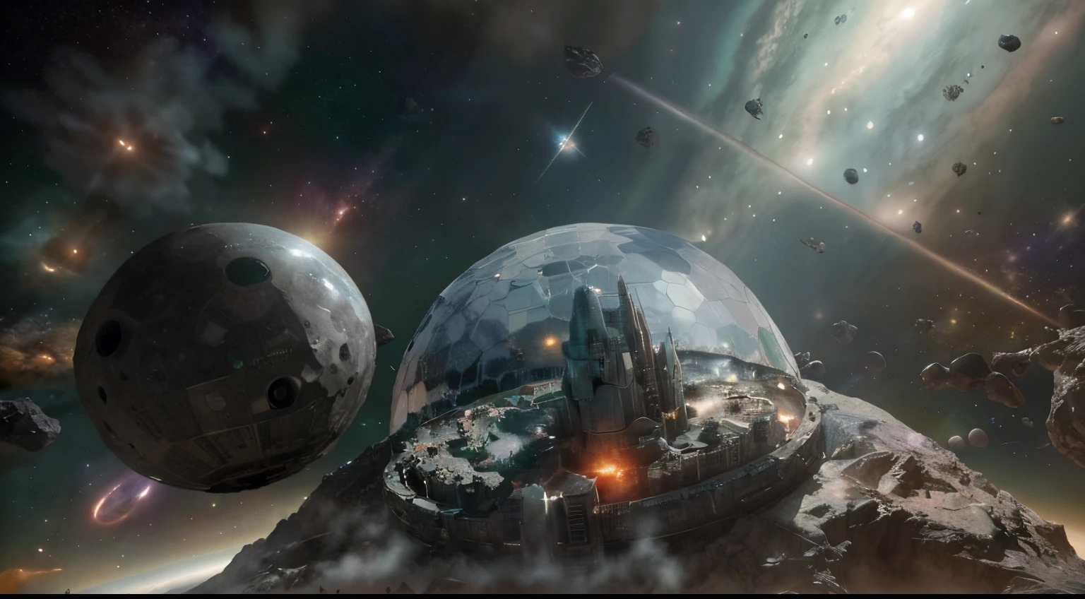 dome covering a lush space city in an asteroid field. sci fi art.