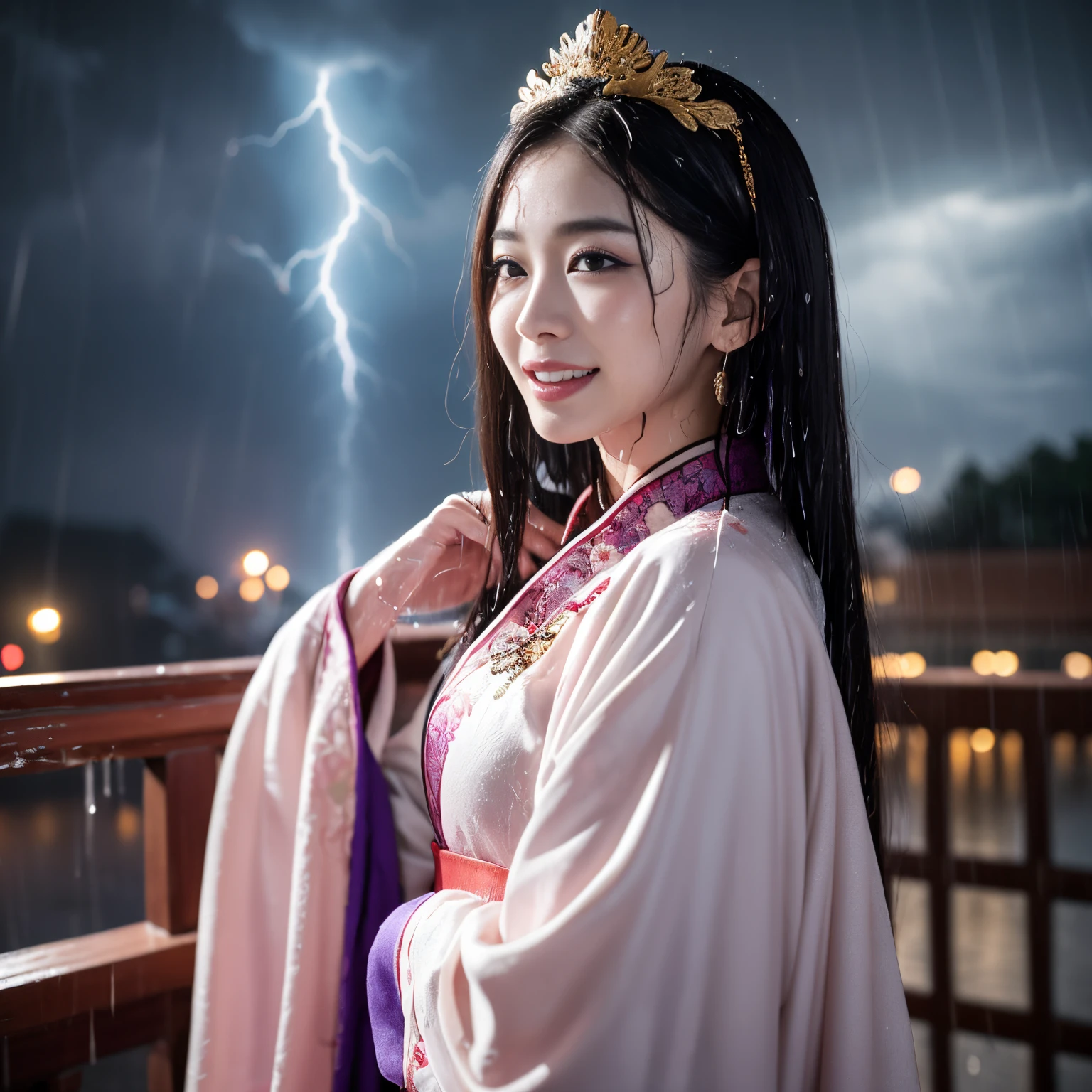 ((masutepiece、top-quality、Top image quality、in 8K、Award-Winning Works))、1 Chinese prostitute goddess、(The most gorgeous and extravagant Chinese goddess pink and purple giant furisode:1.5)、(The background is the most luxurious and luxurious Chinese garrison:1.8)、(The most gorgeous and luxurious goddess pink and purple furisode:1.3)、(The most extravagant and extravagant Chinese goddess long-sleeved kimono:1.1)、Upper body photo、accurate ???????、(Look at me and smile:1.1)、(the most intricate and luxurious decoration:1.2)、(Large amount of jewelry decoration:1.1)、(One giant lightning bolt in the sky:1.3)、(Intense real rain:1.5)、(whole body soaked:1.3)、Drenched hair、wet and disheveled hair、Perfect texture down to the details of the wet furisode、Perfectly expresses the texture of soaked hair
