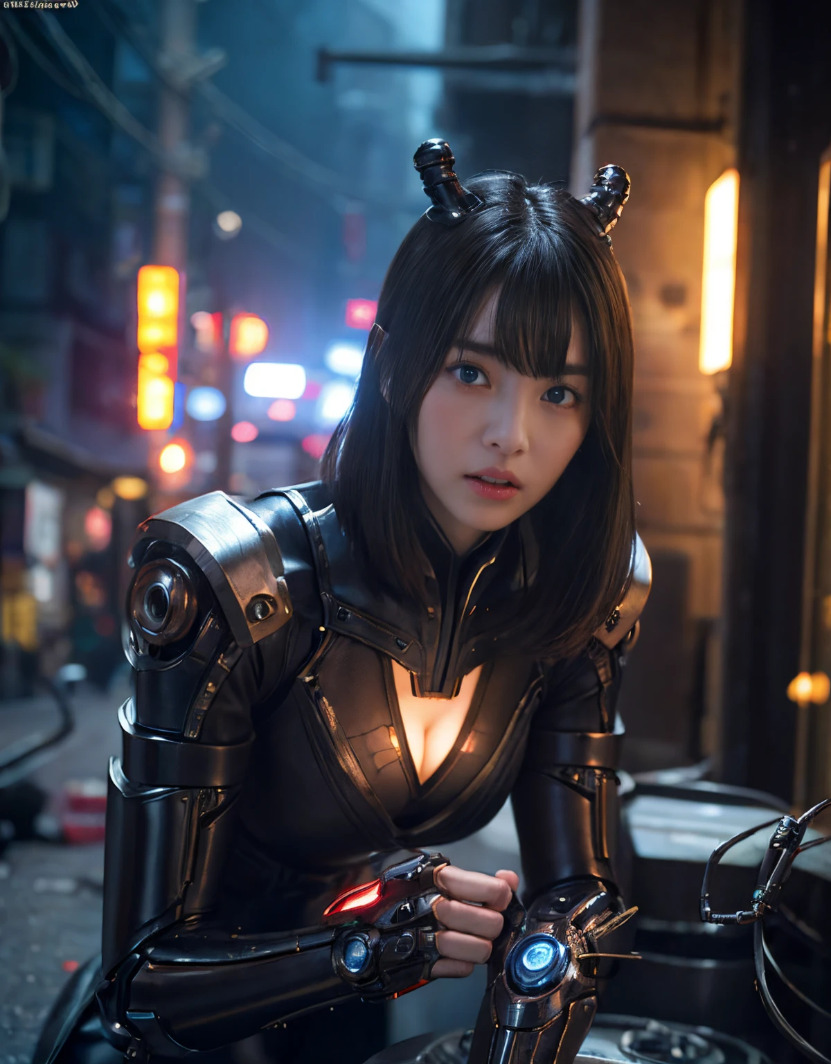 (1 Mechanical Girl)、（Mystical expression）、top-quality、​masterpiece、超A high resolution、(Photorealsitic:1.4)、Raw photo、女の子1人、glowy skin、(((1 Mechanical Girl)))、（Red Metal Bodysuit）、(Fight goblings、ogre、Fierce battle with Osite、Fierce battle with alien night monster cliff background)、(Small LED)、((super realistic details))、vertical giant monster background),globalillumination、Shadow、octan render、8K、ultrasharp、Colossal tits、Raw skin exposed in the cleavage、red metal、Details of complex ornaments、Japan details、highly intricate detail、Realistic light、(Mystical expression),CG Society Trenlow Eyes、Eyes shining towards the camera、Mechanical marginal blood vessels connected to neon detail tubes)、(Wires and cables connecting to the head)、Small LED、,Mechanical thighs、Toostock、（Hands are also made of machines.traces on the cliff）、机器人、