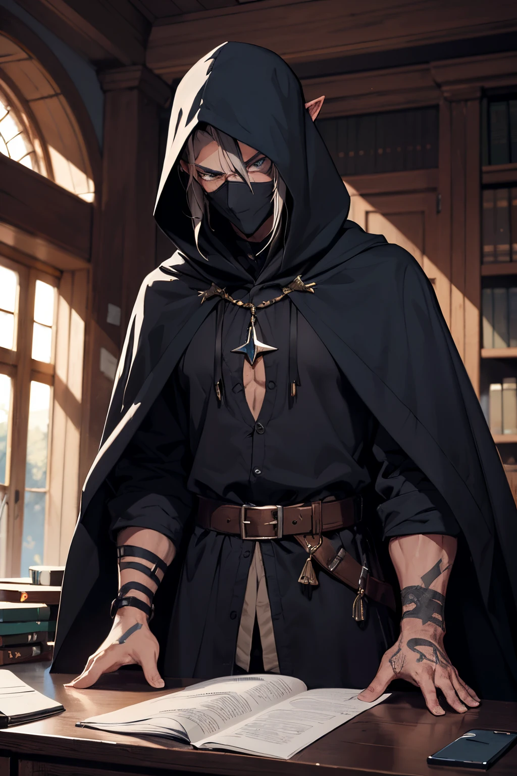 man mysterious elf assassin arcane trickster rogue dark robe hooded. black short hair, blue eyes, with a dagger in his hand in his desk