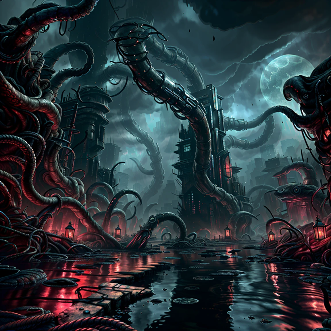 (best quality,4k,8k,highres,masterpiece:1.2), ultra-detailed, (realistic,photorealistic,photo-realistic:1.37), madness evil landscape, tentacles, polluted river, macabre cemetery, bloody moon, unreal engine, UHD sketch color drawing, surreal lighting, horror, painterly effects