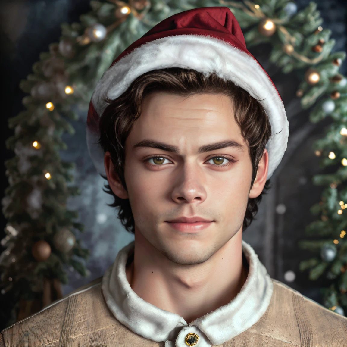 Dylan O'Brien,(emotivo),(carismatic),(olhar intenso),(cabelo perfeito),(foco no rosto),retrato,ultra-detalhado,alta resolução,(fotorrealista:1.37),cores vivas, little lighting, Christmas hat, Christmas tree, sorrindo